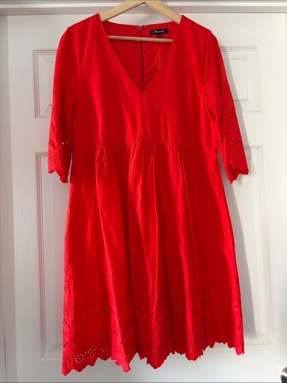 Madewell Bright Red V-Neck Eyelet Midi Dress